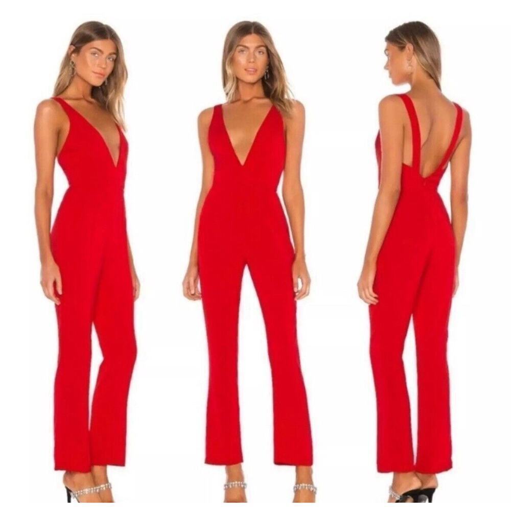 NEW Revolve Superdown Cherry Red Sexy Deep V Neck Slimming Jumpsuit Medium